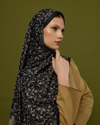 S-LALE-67 Gece & Krem Lale Bahçesi Desen Şal