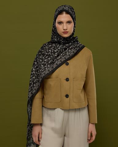 S-LALE-67 Gece & Krem Lale Bahçesi Desen Şal