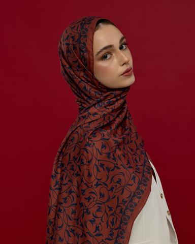 S-LALE-80 Gece Laciverti & Bakır Lale Bahçesi Desen Şal