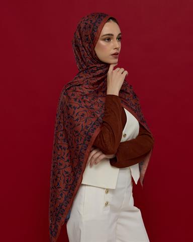 S-LALE-80 Gece Laciverti & Bakır Lale Bahçesi Desen Şal