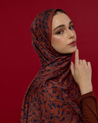 S-LALE-80 Gece Laciverti & Bakır Lale Bahçesi Desen Şal