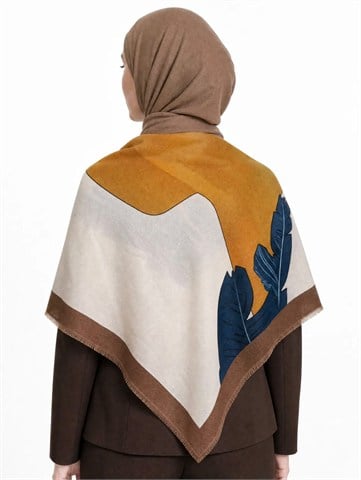 Hardal & Petrol Mavi / Krem - Soyut Yaprak Motifli & Blok Renkli Kaşmir Omuz Şalı