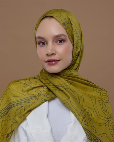 S-EFSUNLU-46 Hasat Sarısı & Kurşun Gri Efsunlu Desen Şal