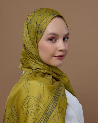 S-EFSUNLU-46 Hasat Sarısı & Kurşun Gri Efsunlu Desen Şal