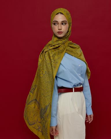 S-HAREM-46 Hasat Sarısı & Kurşun Gri Harem Rüyası Desen Şal