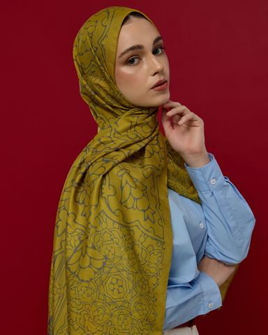 S-HAREM-46 Hasat Sarısı & Kurşun Gri Harem Rüyası Desen Şal