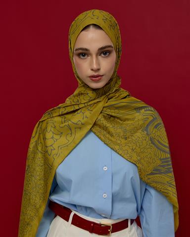 S-HAREM-46 Hasat Sarısı & Kurşun Gri Harem Rüyası Desen Şal