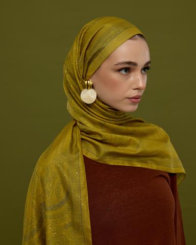 SV-HURREM-46 Hasat Sarısı & Kurşun Gri Hürrem Desen  Şal