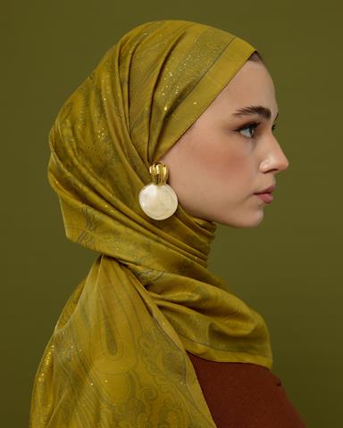 SV-HURREM-46 Hasat Sarısı & Kurşun Gri Hürrem Desen  Şal