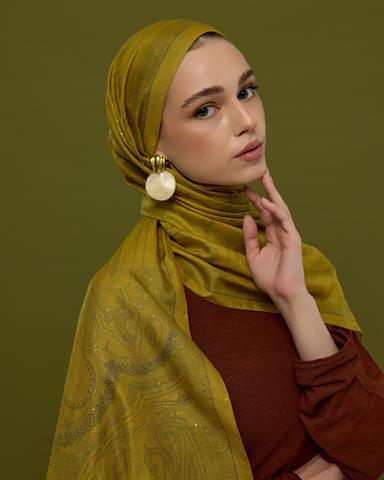 SV-HURREM-46 Hasat Sarısı & Kurşun Gri Hürrem Desen  Şal