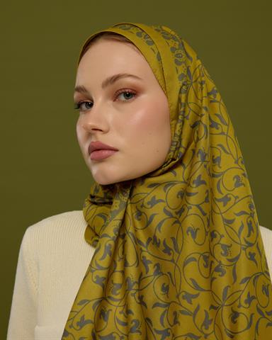S-LALE-46 Hasat Sarısı & Kurşun Gri Lale Bahçesi Desen Şal