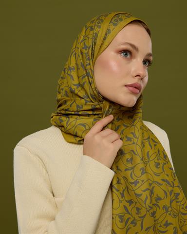 S-LALE-46 Hasat Sarısı & Kurşun Gri Lale Bahçesi Desen Şal