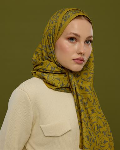 S-LALE-46 Hasat Sarısı & Kurşun Gri Lale Bahçesi Desen Şal