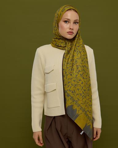 S-LALE-46 Hasat Sarısı & Kurşun Gri Lale Bahçesi Desen Şal