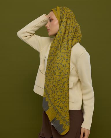 S-LALE-46 Hasat Sarısı & Kurşun Gri Lale Bahçesi Desen Şal