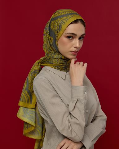 S-SULTANİ-46 Hasat Sarısı & Kurşun Gri Sultani Desen Şal