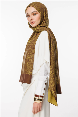 Acı Kahve-Hardal Henna Desen Çift Taraflı Şal