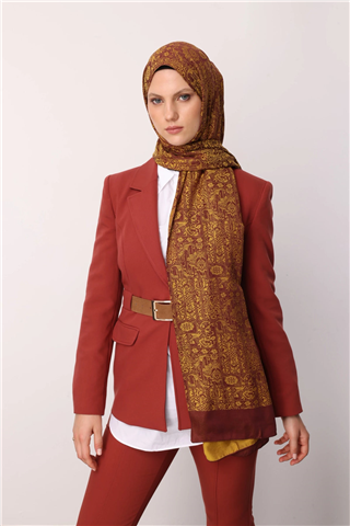 Mürdüm-Sarı Henna Desen Çift Taraflı Şal