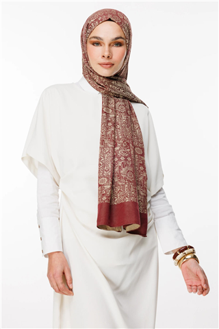 Mürdüm-Somon Henna Desen Çift Taraflı Şal