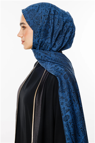 Siyah-İndigo Henna Desen Çift Taraflı Şal