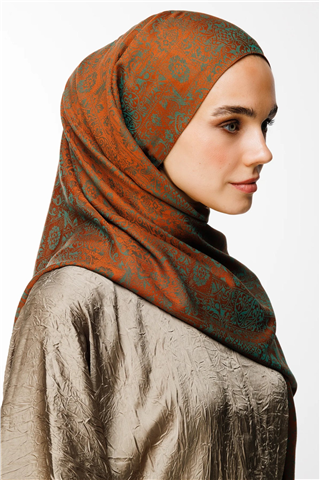 Tarçın-Zümrüt Henna Desen Çift Taraflı Şal