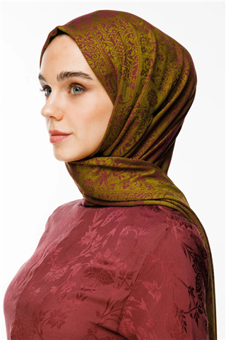 Yağ Yeşili-Mürdüm Henna Desen Çift Taraflı Şal