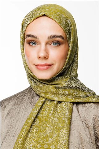 Yağ Yeşili-Ekru Henna Desen Çift Taraflı Şal