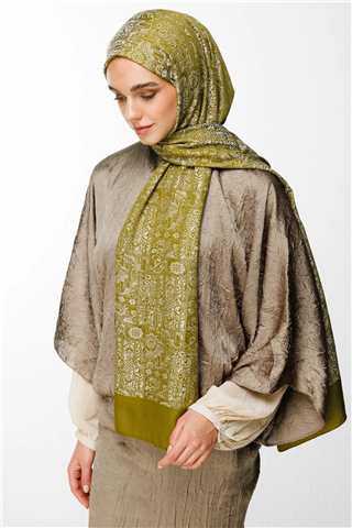 Yağ Yeşili-Ekru Henna Desen Çift Taraflı Şal