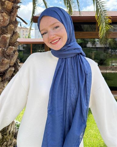 İndigo Zikzak Lyocell Bambu Jakar Şal