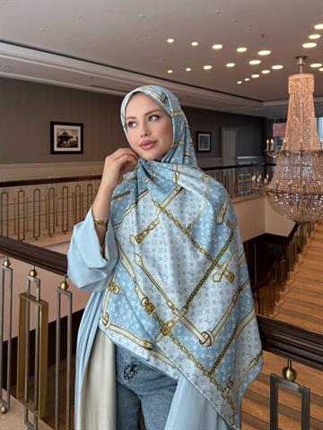 İthal Buz Mavi & Bej LV Desen Twill İpek Şal 