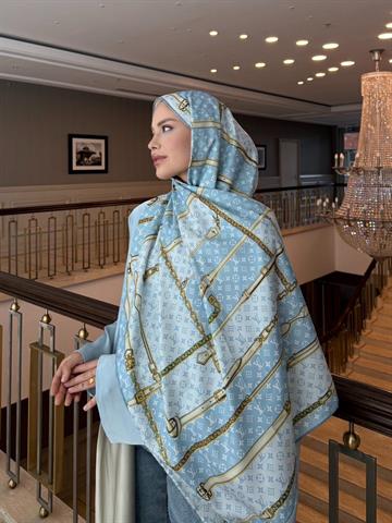 İthal Buz Mavi & Bej LV Desen Twill İpek Şal 