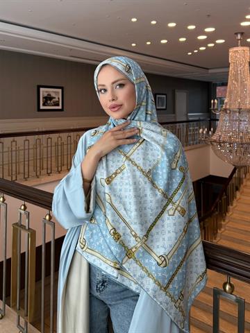 İthal Buz Mavi & Bej LV Desen Twill İpek Şal 