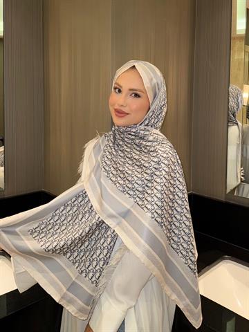 İthal Buz Mavi & Gold CD Desen Twill İpek Şal 