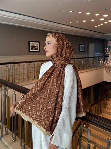 İthal Kahverengi & İndigo Kilit G Desen Twill İpek Şal