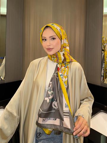 İthal Hardal & Gri H Horse Desen Twill İpek Şal