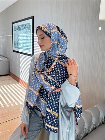 İthal Lacivert & Bordo LV Desen Twill İpek Şal