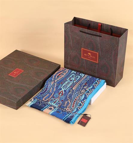 İthal Mavi & Somon E Desen Yün Kaşmir Şal 