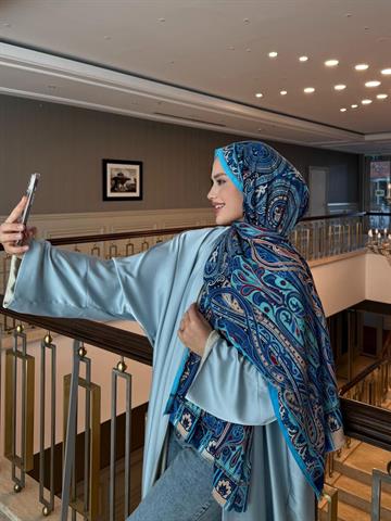 İthal Mavi & Somon E Desen Yün Kaşmir Şal 