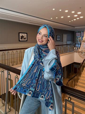 İthal Mavi & Somon E Desen Yün Kaşmir Şal 