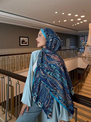 İthal Mavi & Somon E Desen Yün Kaşmir Şal 