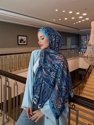 İthal Mavi & Somon E Desen Yün Kaşmir Şal 