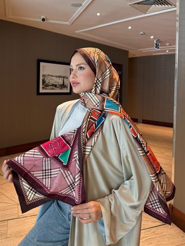 İthal Mocha & Soft Pembe B Desen Twill İpek Şal 