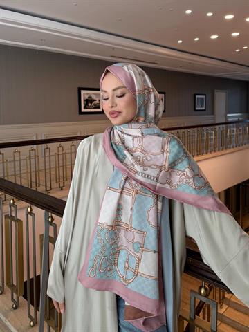 İthal Pudra Pembe & Kiremit GC Zincir Desen Twill İpek Şal