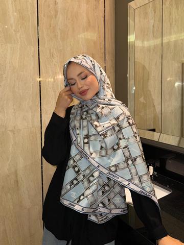 İthal Turkuaz & Bej CH Desen Twill İpek Şal 