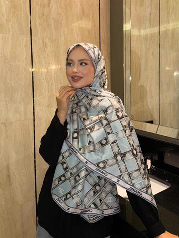 İthal Turkuaz & Bej CH Desen Twill İpek Şal 