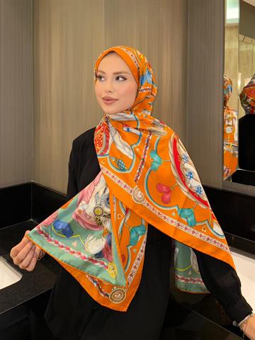 İthal Turuncu & Küf H Halat Desen Twill İpek Şal 