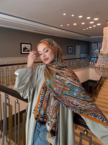 İthal Turuncu & Turkuaz E Desen Yün Kaşmir Şal 