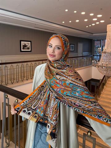 İthal Turuncu & Turkuaz E Desen Yün Kaşmir Şal 