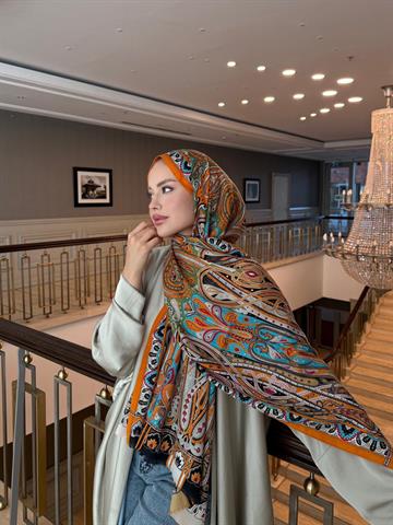 İthal Turuncu & Turkuaz E Desen Yün Kaşmir Şal 