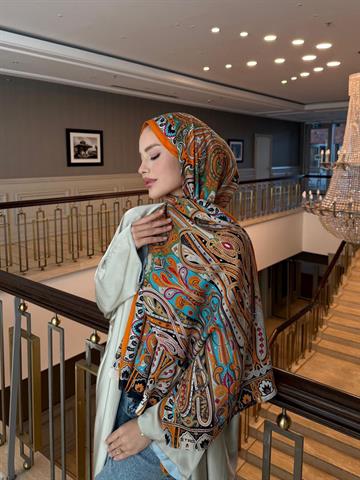 İthal Turuncu & Turkuaz E Desen Yün Kaşmir Şal 